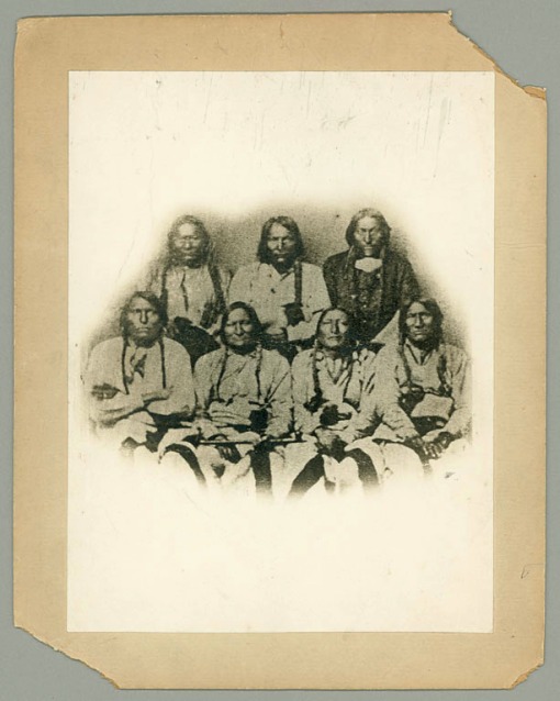 Photograph of the delegation of chiefs meeting in Denver in September 1864. Black Kettle is shown second from the left in the bottom row.(National Anthropological Archives, Smithsonian Museum Support Center, Suitland, Maryland.)