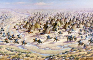 Painting by Robert Lindneaux (1871-1970) of surprise attack by troops under Major John Chivington on November 29, 1864 at the Big Bend on Sand Creek. (Reproduction NPS. Colorado History.)